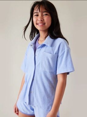Athleta girl blue terry Button-Down Shirt
